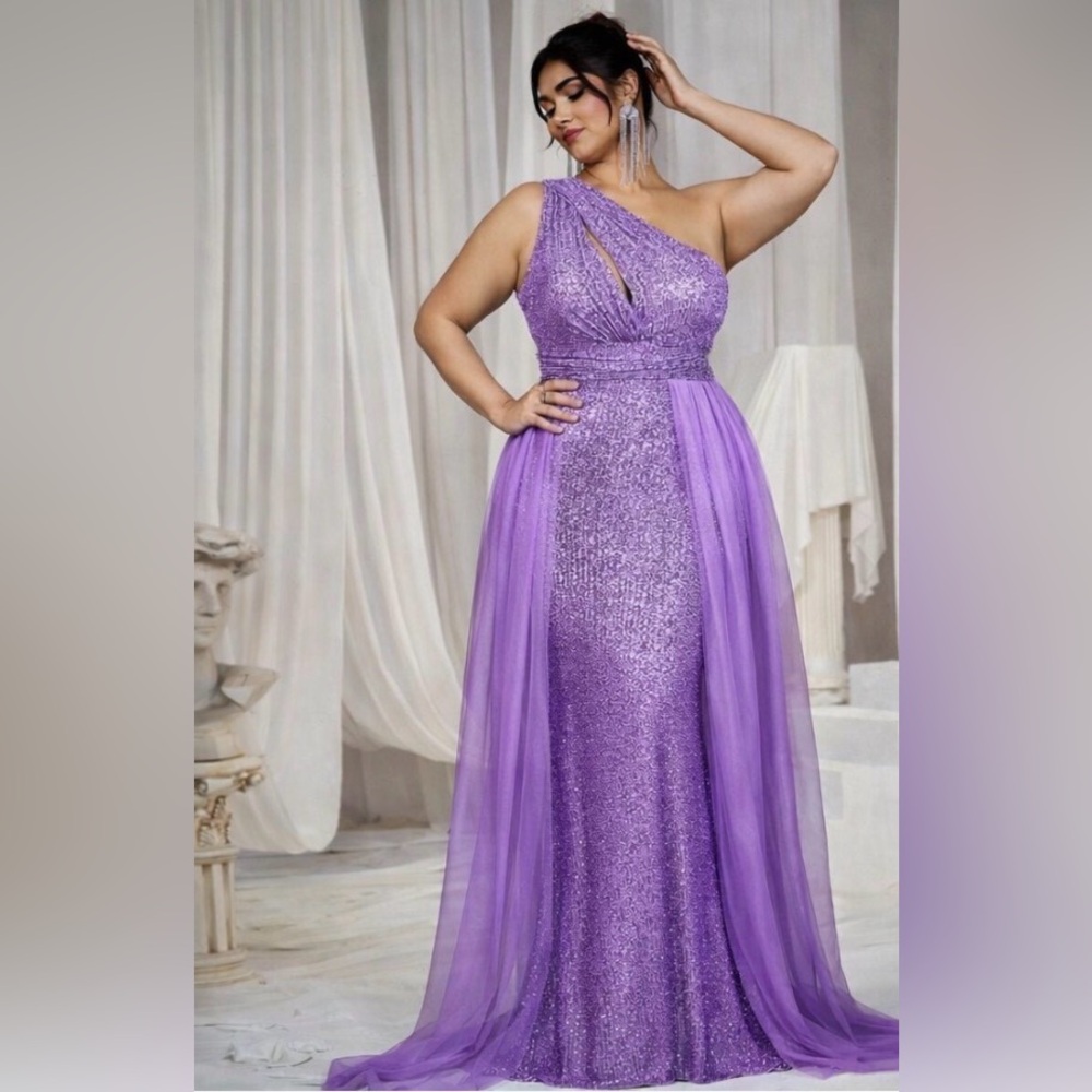 Faeriesty Elegant Purple One-Shoulder Evening Gown with Mesh Overlay. Size 3X